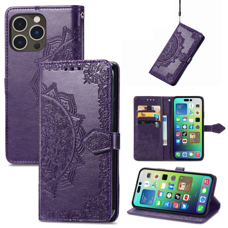 Mandala Flower Embossed Leather Phone Case, For iPhone 15 Pro, For iPhone 15 Plus, For iPhone 15