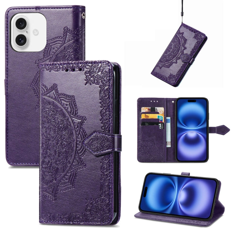 Mandala Flower Embossed Leather Phone Case, For iPhone 16 Pro Max, For iPhone 16 Pro, For iPhone 16 Plus, For iPhone 16, For  iPhone 15 Pro Max