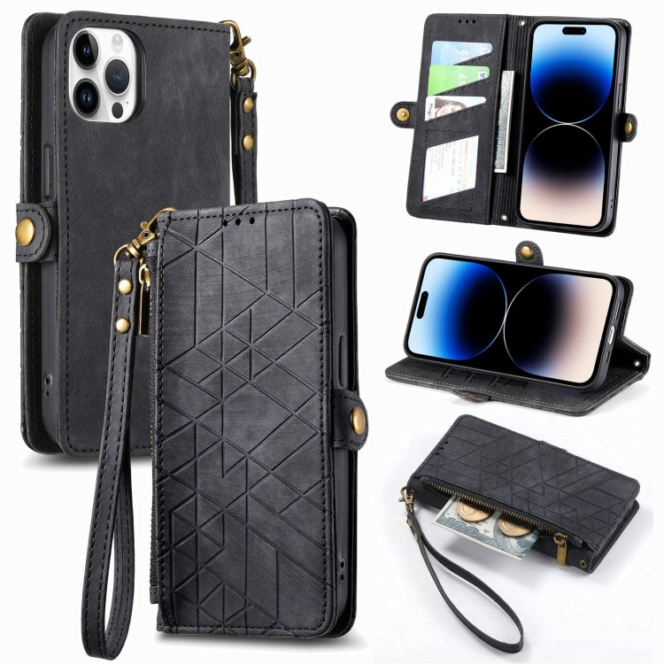 Geometric Zipper Wallet Side Buckle Leather Phone Case, For iPhone 14 Pro, For iPhone 14 Pro Max, For iPhone 7 / 8 / SE 2022, For iPhone 13 Pro Max, For iPhone 13 Pro