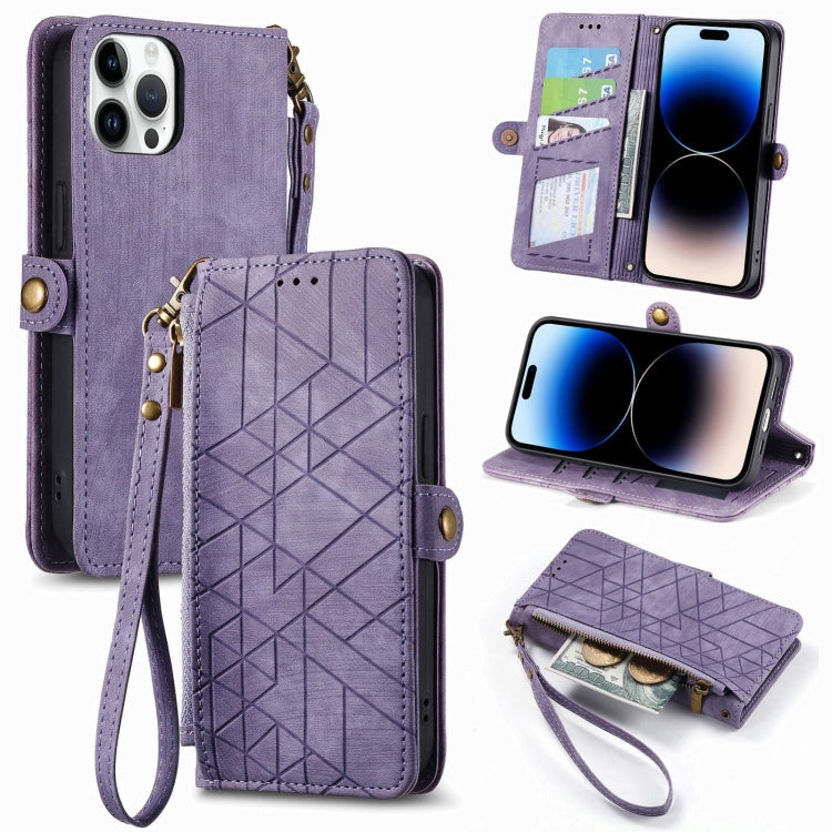 Geometric Zipper Wallet Side Buckle Leather Phone Case, For iPhone 15 Pro, For iPhone 15 Plus, For iPhone 15, For iPhone 14 Plus, For iPhone 14