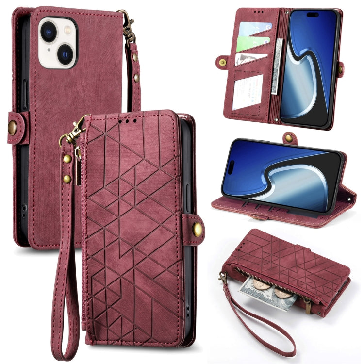 Geometric Zipper Wallet Side Buckle Leather Phone Case, For iPhone 15 Pro, For iPhone 15 Plus, For iPhone 15, For iPhone 14 Plus, For iPhone 14