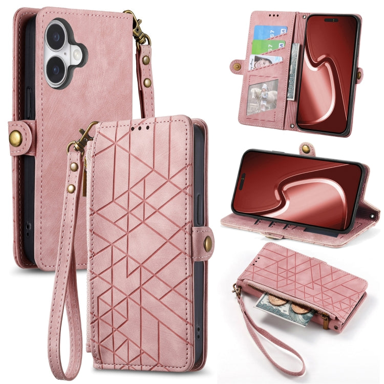 Geometric Zipper Wallet Side Buckle Leather Phone Case, For iPhone 16 Pro Max, For iPhone 16 Pro, For iPhone 16 Plus, For iPhone 16, For iPhone 15 Pro Max