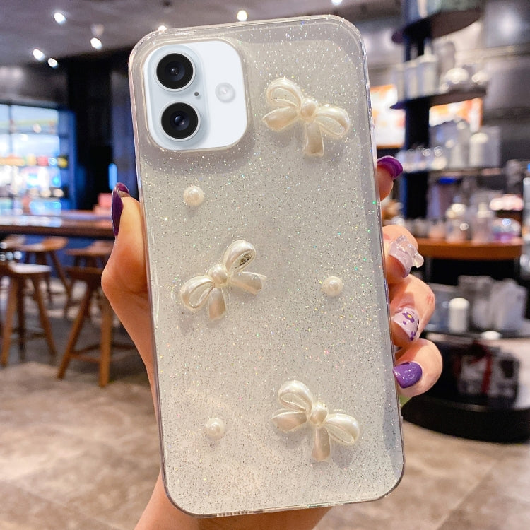 Pearl Bow Glitter Epoxy TPU Phone Case, For iPhone 16e, For iPhone 16 Pro Max, For iPhone 16 Pro, For iPhone 16 Plus, For iPhone 16, For iPhone 15 Pro Max, For iPhone 15 Pro, For iPhone 15 Plus, For iPhone 15