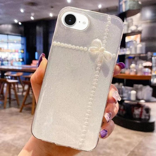 Pearl Bow Glitter Epoxy TPU Phone Case, For iPhone 16e, For iPhone 16 Pro Max, For iPhone 16 Pro, For iPhone 16 Plus, For iPhone 16, For iPhone 15 Pro Max, For iPhone 15 Pro, For iPhone 15 Plus, For iPhone 15