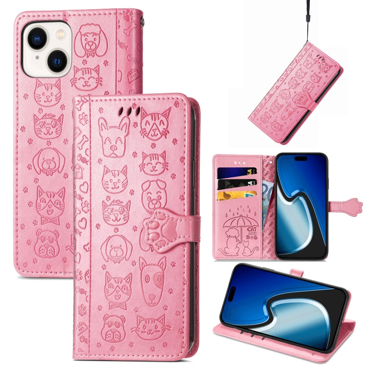 Cat and Dog Embossed Leather Phone Case, For iPhone 15