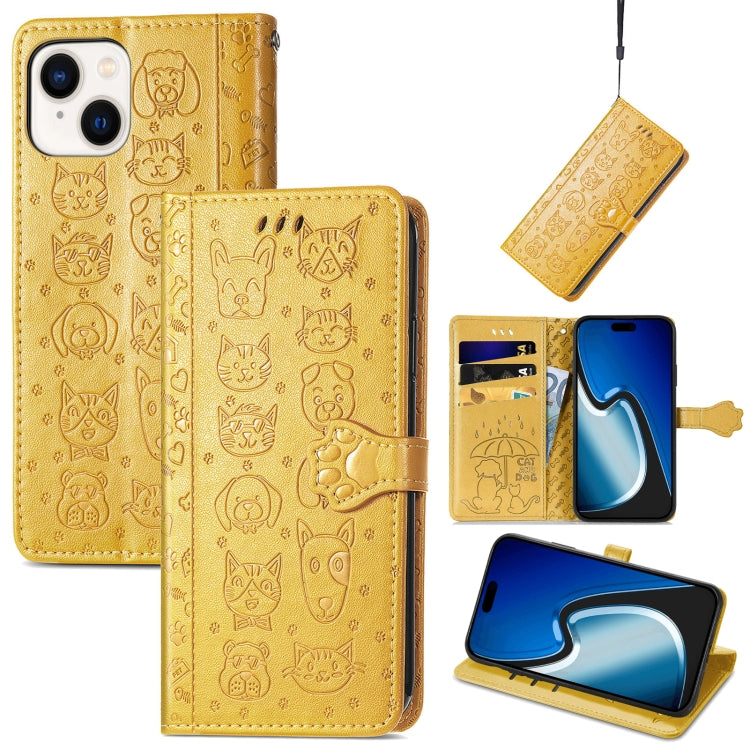 Cat and Dog Embossed Leather Phone Case, For iPhone 15