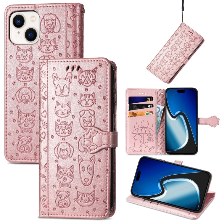 Cat and Dog Embossed Leather Phone Case, For iPhone 15