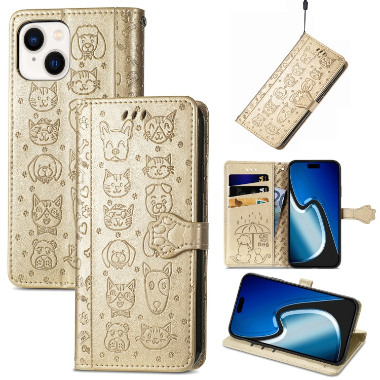 Cat and Dog Embossed Leather Phone Case, For iPhone 15