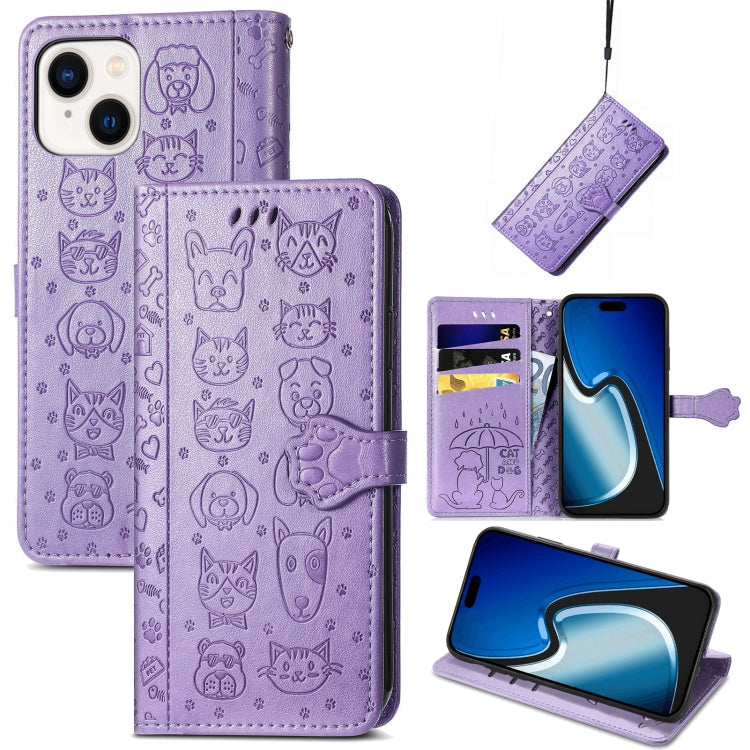 Cat and Dog Embossed Leather Phone Case, For iPhone 15