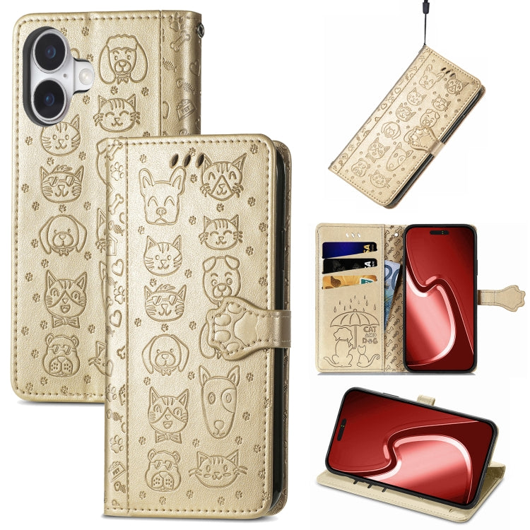 Cat and Dog Embossed Leather Phone Case, For iPhone 16 Pro Max, For iPhone 16 Pro, For iPhone 16 Plus, For iPhone 16