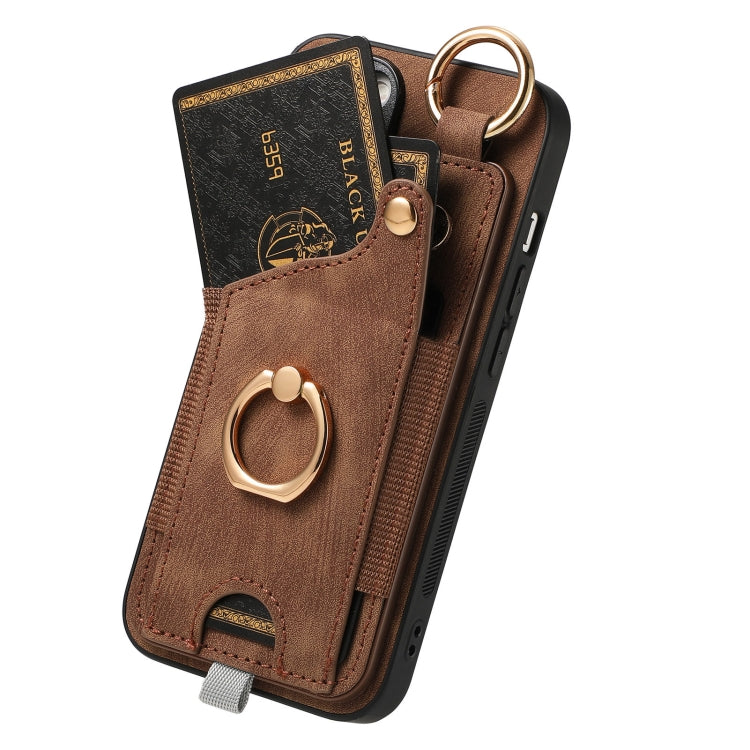 Retro Skin-feel Ring Card Bag Phone Case with Hang Loop, For iPhone 15 Pro Max, For iPhone 15 Pro, For iPhone 15 Plus, For iPhone 15, For iPhone 14 Plus