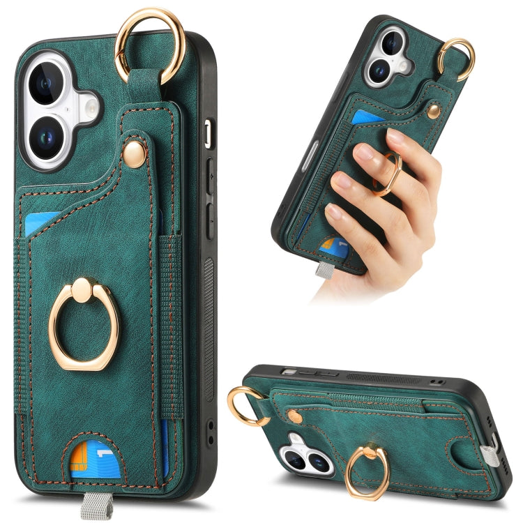 Retro Skin-feel Ring Card Bag Phone Case with Hang Loop, For iPhone 16 Pro Max, For iPhone 16 Pro, For iPhone 16 Plus, For iPhone 16, iPhone 16e