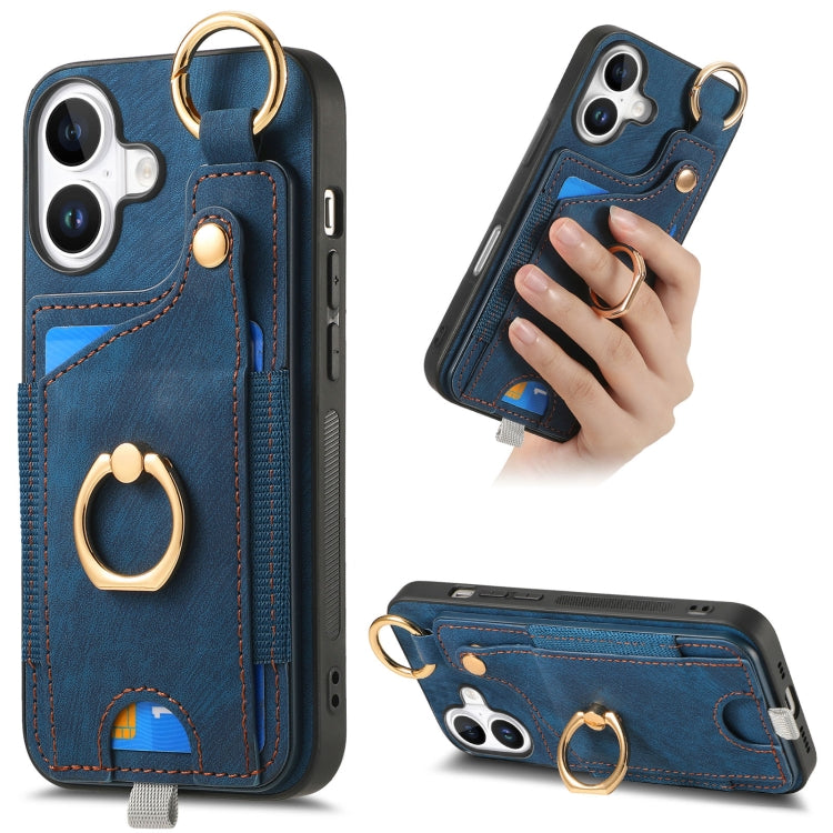 Retro Skin-feel Ring Card Bag Phone Case with Hang Loop, For iPhone 16 Pro Max, For iPhone 16 Pro, For iPhone 16 Plus, For iPhone 16, iPhone 16e