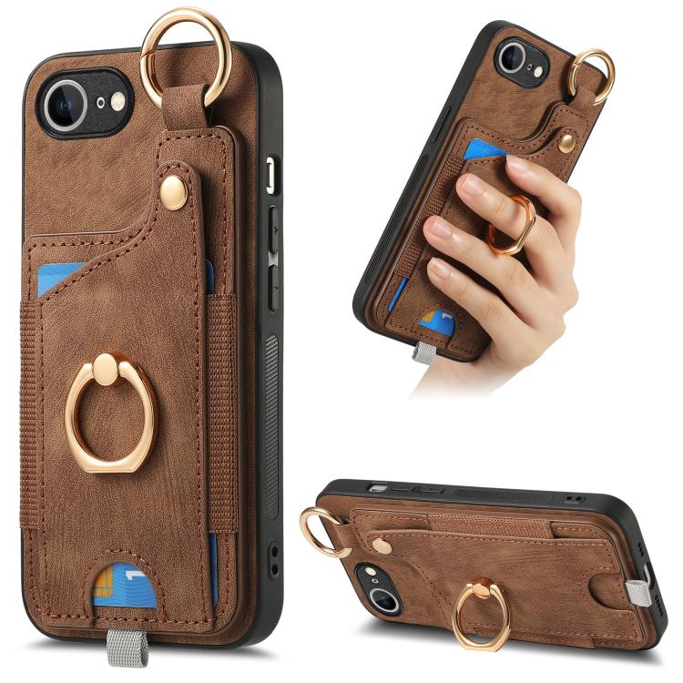 Retro Skin-feel Ring Card Bag Phone Case with Hang Loop, For iPhone 16 Pro Max, For iPhone 16 Pro, For iPhone 16 Plus, For iPhone 16, iPhone 16e