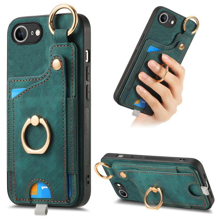 Retro Skin-feel Ring Card Bag Phone Case with Hang Loop, For iPhone 16 Pro Max, For iPhone 16 Pro, For iPhone 16 Plus, For iPhone 16, iPhone 16e