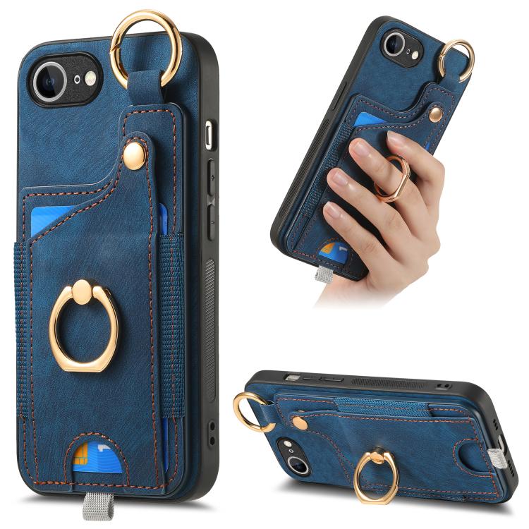 Retro Skin-feel Ring Card Bag Phone Case with Hang Loop, For iPhone 16 Pro Max, For iPhone 16 Pro, For iPhone 16 Plus, For iPhone 16, iPhone 16e