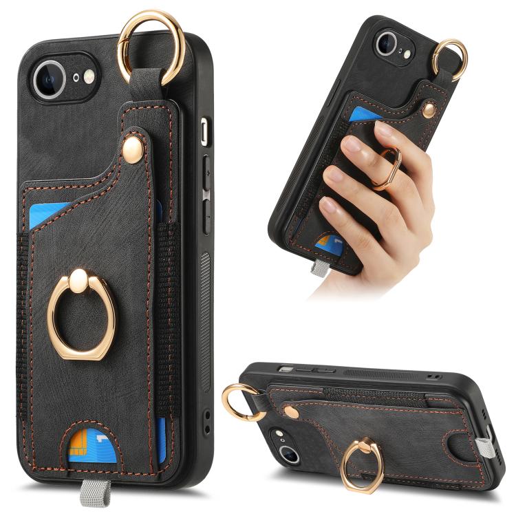 Retro Skin-feel Ring Card Bag Phone Case with Hang Loop, For iPhone 16 Pro Max, For iPhone 16 Pro, For iPhone 16 Plus, For iPhone 16, iPhone 16e