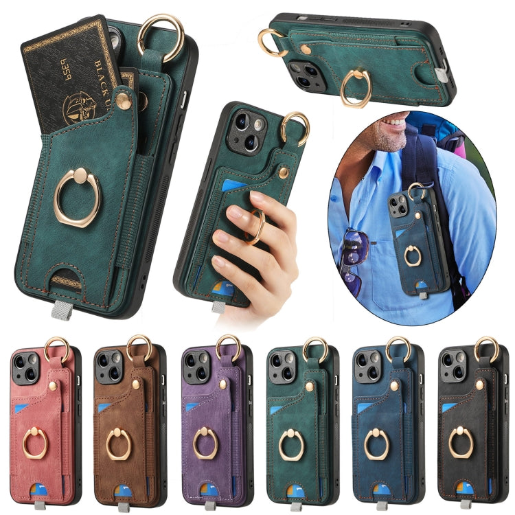 Retro Skin-feel Ring Card Bag Phone Case with Hang Loop, For iPhone 15 Pro Max, For iPhone 15 Pro, For iPhone 15 Plus, For iPhone 15, For iPhone 14 Plus