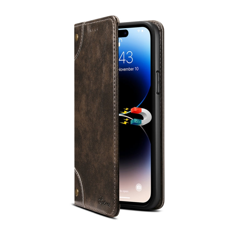 Suteni Baroque Calf Texture Buckle Wallet Leather Phone Case, For iPhone 15 Pro, For iPhone 15 Plus, For iPhone 15