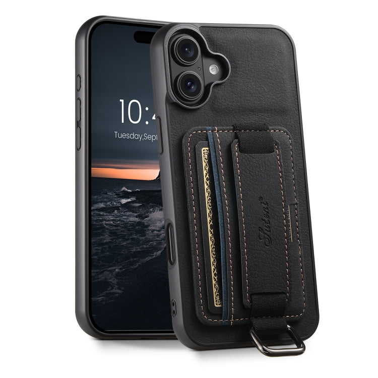 Suteni H13 Litchi Leather Wrist Strap Wallet Back Phone Case, For iPhone 16e, For iPhone 16 Pro Max, For iPhone 16 Pro, For iPhone 16 Plus, For iPhone 16, For iPhone 15 Pro Max