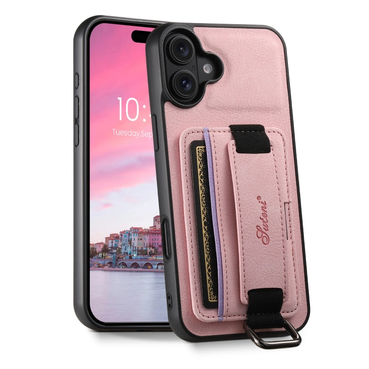 Suteni H13 Litchi Leather Wrist Strap Wallet Back Phone Case, For iPhone 16e, For iPhone 16 Pro Max, For iPhone 16 Pro, For iPhone 16 Plus, For iPhone 16, For iPhone 15 Pro Max