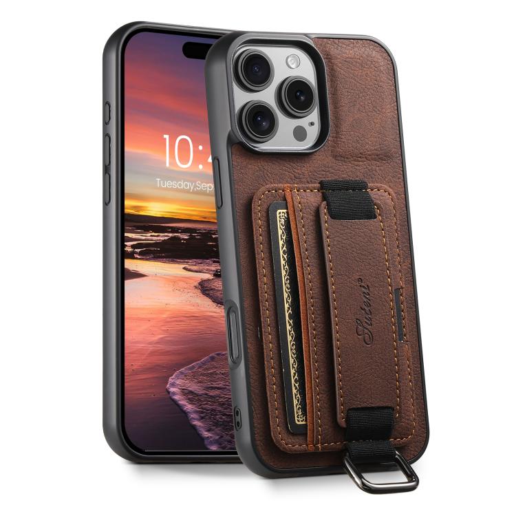 Suteni H13 Litchi Leather Wrist Strap Wallet Back Phone Case, For iPhone 16e, For iPhone 16 Pro Max, For iPhone 16 Pro, For iPhone 16 Plus, For iPhone 16, For iPhone 15 Pro Max