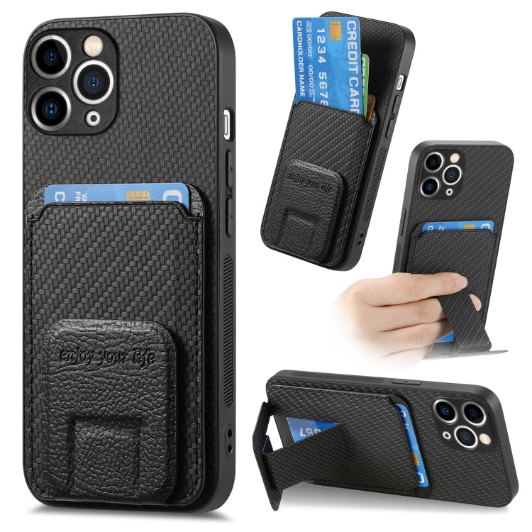 Carbon Fiber Card Bag Fold Stand Phone Case, For iPhone 11 Pro Max, For iPhone 11, For iPhone 11 Pro, For iPhone XR, For iPhone XS Max, For iPhone 7 / 8 / SE 2022