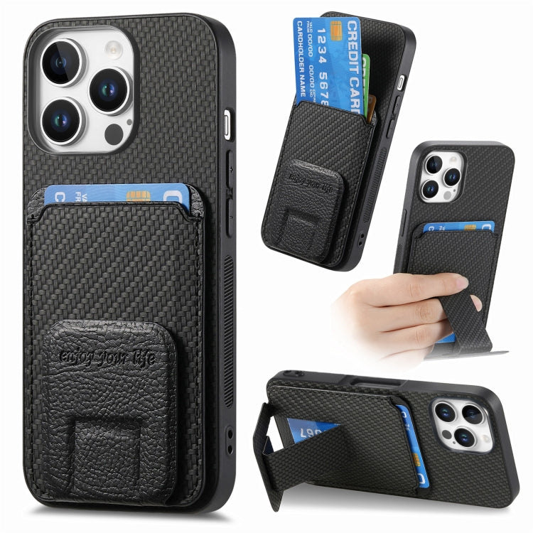 Carbon Fiber Card Bag Fold Stand Phone Case, For iPhone 16 Pro Max, For iPhone 16 Pro, For iPhone 16 Plus, For iPhone 16, For iPhone 15 Pro Max, For iPhone 15 Pro